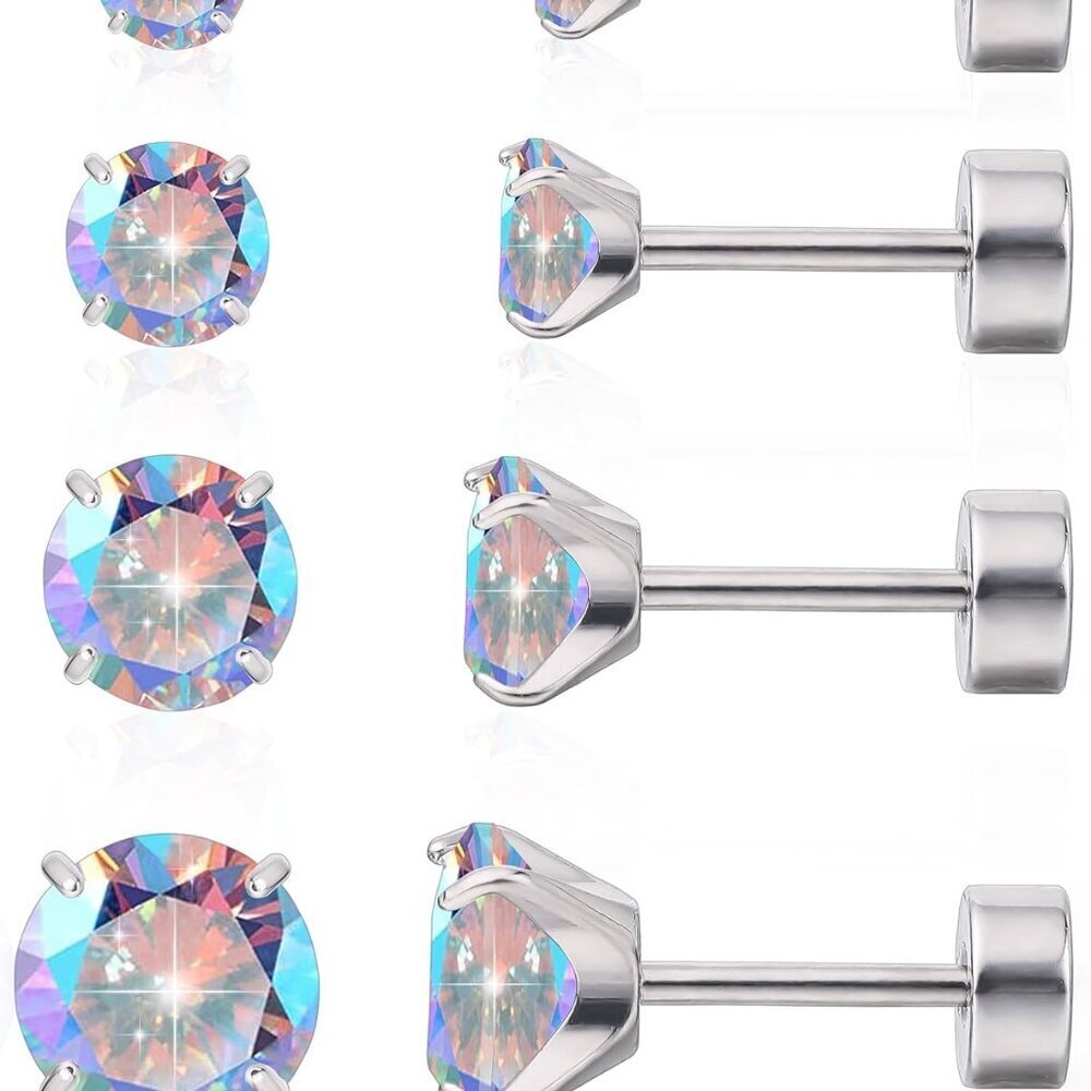 Titanium Earrings Set 20G Flat Back Hypoallergenic Cubic Zirconia Studs